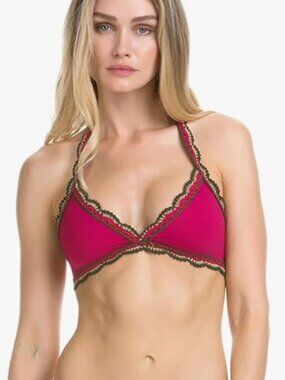 BECCA Medina Halter Crochet Trim Swim Bikini Top Pink Raspberry Green sz Small